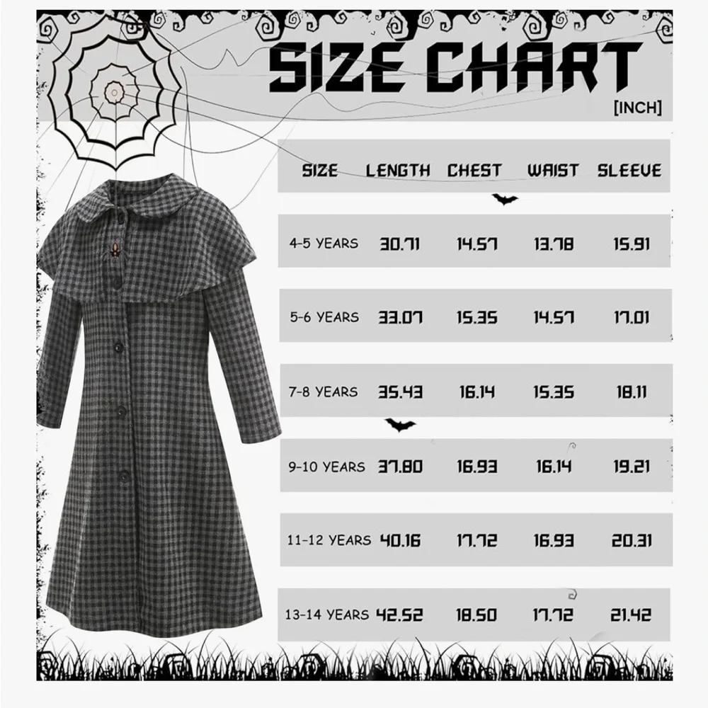 NWT Wednesday Adams Inspired Plaid Long Coat for Kids Cosplay Halloween